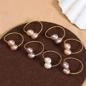 Natural Freshwater Pearl Open Ring For Women Elegant Copper Alloy Gold Plated Double Water Drop Pearl Adjustable Ring Jewelry