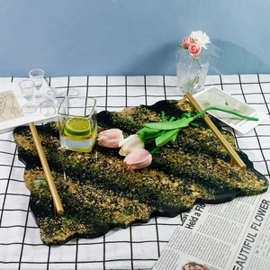 Irregular resin fruit tray with gold foil flakes and golden metal handles for home decor