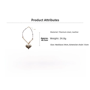 Detailed size specifications for a gold titanium steel necklace with leopard heart pendant