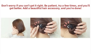 Three-step hair styling tutorial for creating a bun using black plastic hair tools
