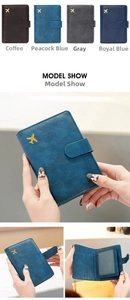 Leather RFID passport wallet showing interior card slots and aircraft logo detail