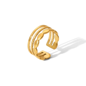 Detail view of 18K gold wave pattern stacked open ring showing 0.8cm width and 2cm inner diameter