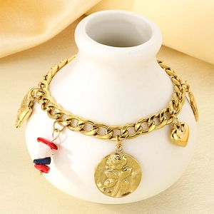 18K gold plated stainless steel heart and rose charm bracelet with colorful stones