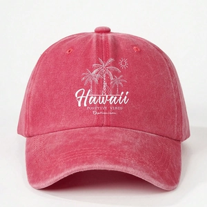 Vintage washed red Hawaii baseball cap with white coconut tree print and curved brim