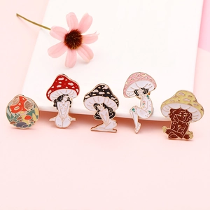 Set of 5 creative mushroom girl enamel pins in various colors for artistic outfits