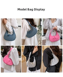 Three-color crescent bags shown in six grid layouts for urban shoulder bag styling