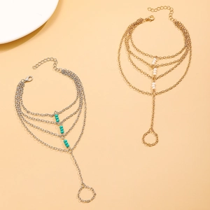 Bohemian multi-layer finger chain bracelets with turquoise beads in gold and silver finish