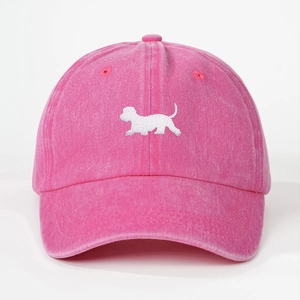 Vintage washed cotton baseball cap in rose pink with cute white puppy embroidery