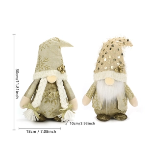 Detailed size dimensions for sequined gold Christmas gnome plush decorations with bells