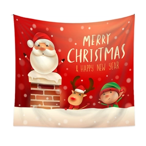 Detail of Christmas tapestry featuring cartoon Santa and Reindeer on festive red background