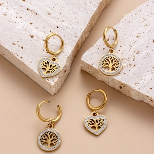 Gold stainless steel tree of life earrings with sparkling crystal accents in heart and round shapes