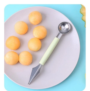 Cuillère à melon double tête en acier inoxydable avec couteau à sculpter et manche vert