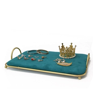 Luxury green velvet jewelry display tray with gold metal frame for rings and necklaces
