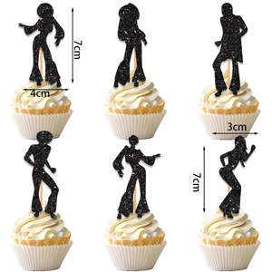 Black glitter disco silhouette cake topper set for party cupcake decorations