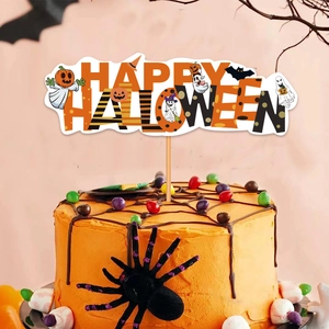 Colorful Happy Halloween cake topper with pumpkin ghost and bat designs for party decor