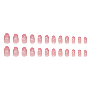 Pink gradient oval press-on nails set with heart and star patterns and glitter