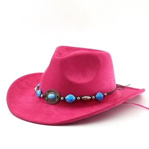 Rose pink Western cowboy hat with blue marble beads and antique bronze metal disk trim
