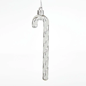 Silver candy cane Christmas tree ornament with glitter stripes and hanging loop