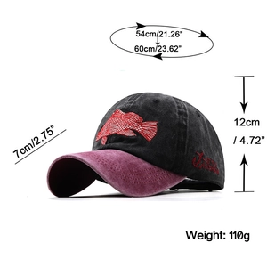 Washed cotton baseball cap with shark embroidery and size specs on white background