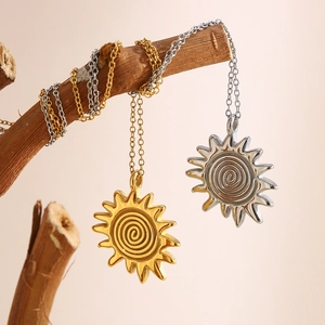 Fashionable 18K gold plated stainless steel sun pendant necklaces in gold and silver finish