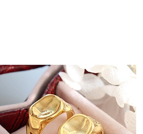 Detail of gold bamboo-inspired leaf earrings in a pink velvet jewelry box