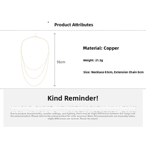 Detail view of a 91cm gold triple-layer tassel necklace with size measurements
