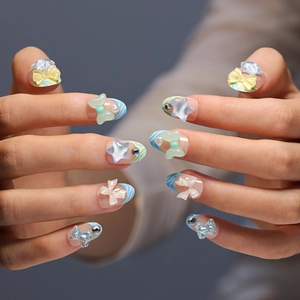 Blue striped press-on nails with 3D bows and stars, French style fake nails set