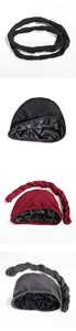 Three men's satin-lined sleep caps and braided headbands in black, burgundy and grey