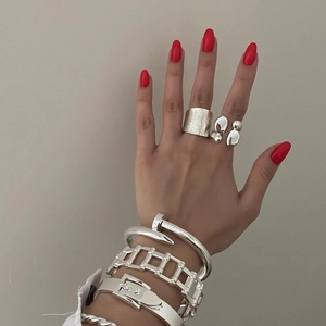 Minimalist double layer irregular stainless steel rings and silver bracelets set for women