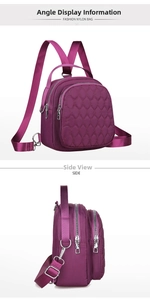 Detail views showing 45-degree and side profile of quilted purple nylon bag
