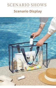 Detail view of large transparent PVC beach bag with blue strap and waterproof swimming gear