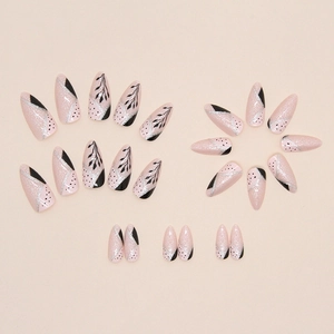Pink and black almond press-on nails with silver glitter and black leaf patterns