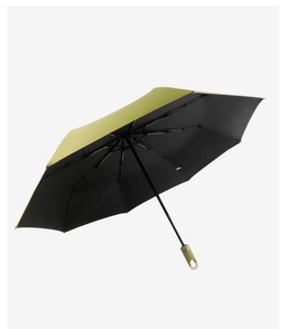 Detail of green folding umbrella showing black UV coating and sturdy metal frame structure