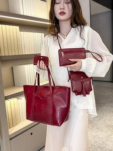 Red vintage oil wax leather handbag set with tote, crossbody, clutch and card holder