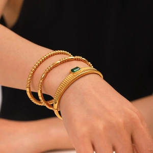 Stainless Steel Bangle Bracelet Gold Plated With Rectangular Green Zircon Vertical Stripe Texture For Women Retro Elegant