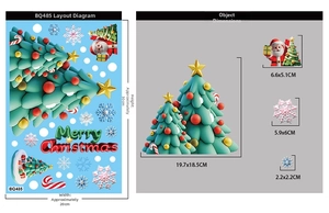 Detail showing 3D Christmas tree and Santa window stickers with precise size dimensions