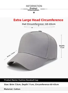 Detailed view of the grey cotton 5-panel baseball cap with size and dimension specifications
