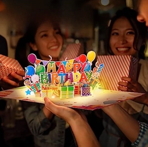 Macro detail of 3D musical birthday card featuring LED lights and popup festive elements