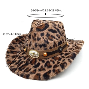 Chapeau de cow-boy léopard d'hiver avec boucle tête de taureau et mesures détaillées
