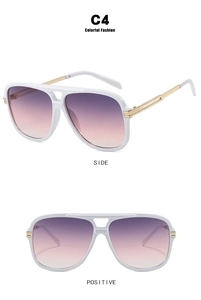 Detail of square double-bridge sunglasses with white frames and gradient lenses