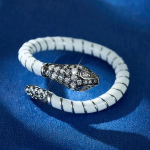 S925 Sterling Silver Snake Ring with White Enamel and Sparkling Zircon Accents