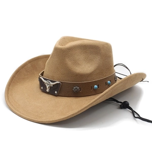Khaki Western cowboy felt hat with silver bull head emblem and turquoise accents