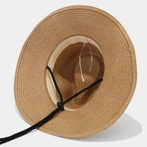 Straw cowboy hat with bull head ornament, adjustable windproof rope and sweatband