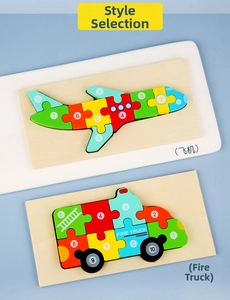 Educational wooden puzzles in airplane and fire truck shapes with numbered 1-10 counting blocks