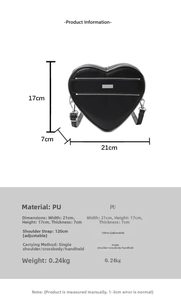 Size chart for heart-shaped PU leather bag with detailed dimensions and weight specifications
