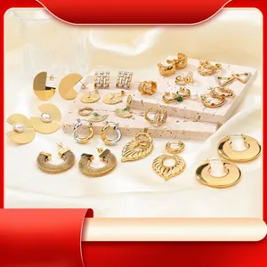 Fashion Titanium Steel Gold Plated Earrings For Women Geometric Heart Fan Shape Rhinestone Artificial Pearl Stud Hoop Jewelry