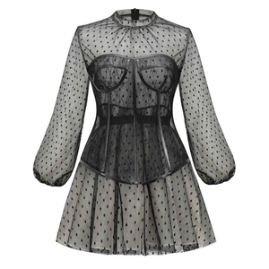 Elegant black mesh hollow French dress with polka dot sleeves and waist corset