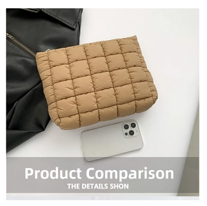 Macro view showing the khaki quilted makeup bag next to a smartphone for size reference