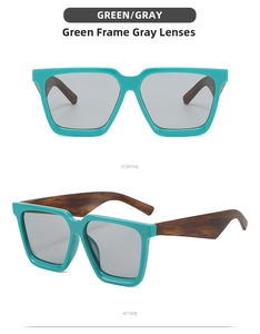 Detail view of square green frame sunglasses with wood grain temples and gray lenses