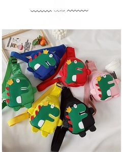 Group display of six colorful nylon dinosaur chest bags with cute crown and fin details